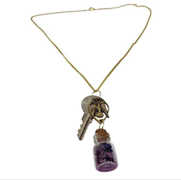 18k Gold Plated Key Heart Bird Gemstone Bottle Glass Lapis Amethyst Necklace - Picture 1 of 4